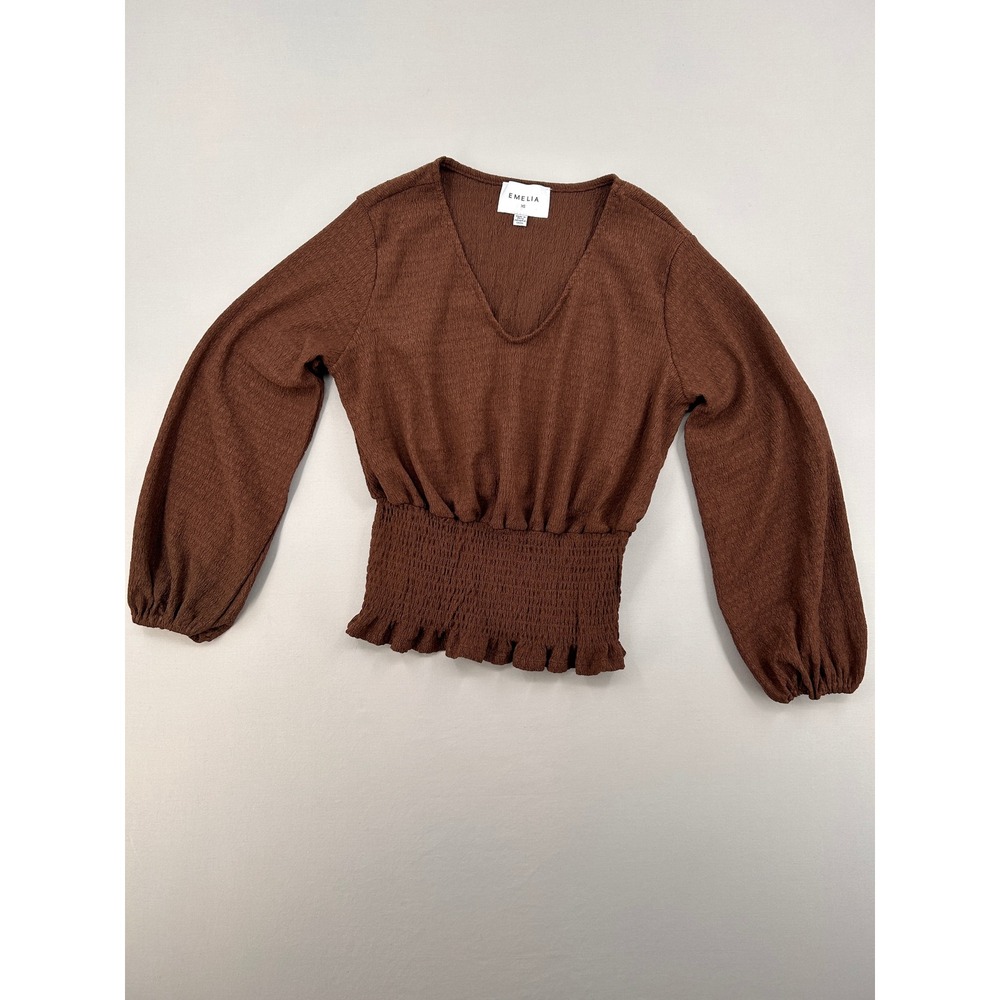 Women's Emelia Brown Smocked Waist V-Neck Balloon Sleeve Textured Top XS